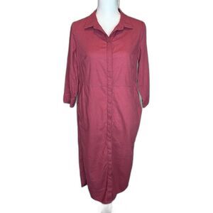Boden Linen Button Front Shirt Dress Size 4 Pomegranate Color Pockets Midi